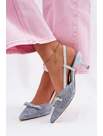 Dámské krajkové sandály na podpatku s mašlí Modré model 22107296 - Boto