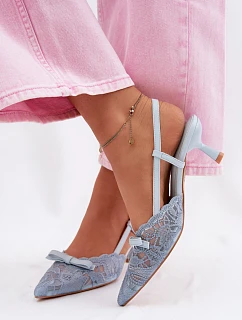 Dámské krajkové sandály na podpatku s mašlí Modré Maribelle