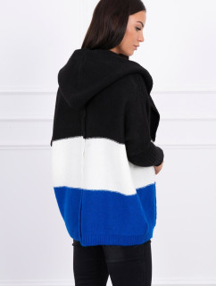 Tříbarevný svetr s kapucí černá+ecru+fialovo-modrá