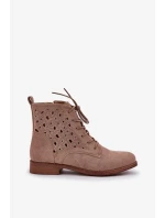 Dámské šněrovací kotníkové botky s perforovaným vzorem – béžové S.Barski
