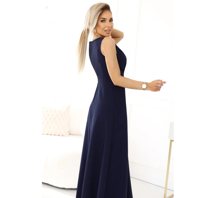 elegantní maxi šaty s obálkovým výstřihem a rozparkem na nohou tmavě modré model 21427379 - numoco