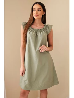 Dámské bavlněné šaty s nařaseným výstřihem a volánem khaki