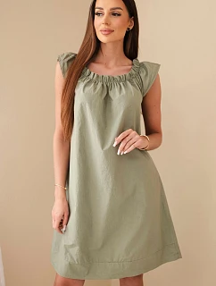 Dámské bavlněné šaty s nařaseným výstřihem a volánem khaki