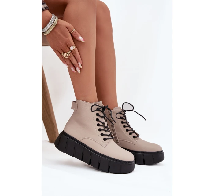 Kožené zateplené dámské kotníkové boty na platformě model 21707594 béžové - VINCEZA