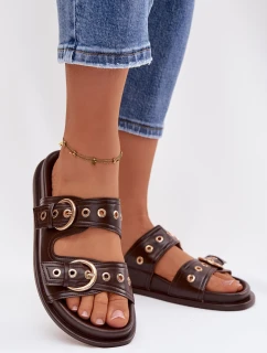 Dámské pantofle se zlatými přezkami kůže čokoládové model 21943360 - Boto