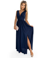 SUSAN - Tmavě modré dlouhé brokátové dámské šaty s výstřihem a prošitím v pase 490-1