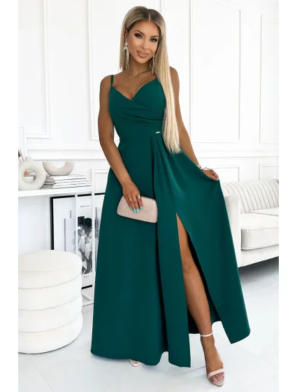 299-11 CHIARA elegantní maxi dlouhé šaty bez ramínek - ZELENÉ