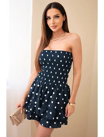 Dámský viskózový overal s puntíky s volánem tmavě modrý