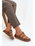 Dámské pantofle s pásky a zlatým sponou, hnědé Ulirissa Dámské pantofle s pásky a zlatým sponou, hnědé Ulirissa