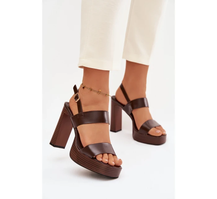 Dámské sandály na podpatku a platformě kůže Čokoládové model 21943437 - Boto