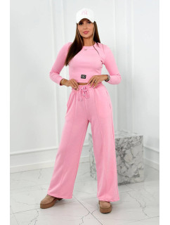 Bavlněný komplet žebrovaná halenka + kalhoty světle růžové