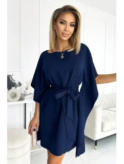 SOFIA Tmavě modré dámské šaty se zavazováním v pase model 17911531 - numoco