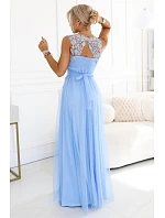 672-1 Romantické svatební maxi šaty s vyšívanou krajkou a tylem - modré 672-1 Romantické svatební maxi šaty s vyšívanou krajkou a tylem - modré