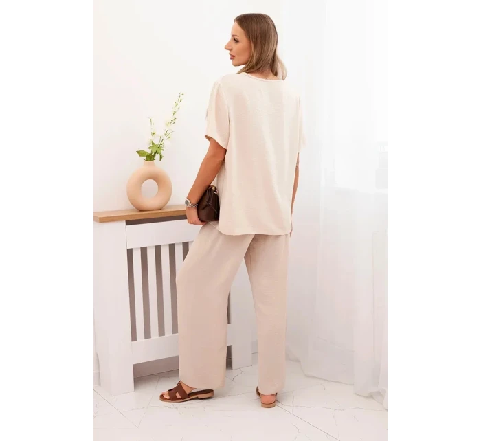 Dámský komplet s volnou halenkou a širokými nohavicemi béžový Dámský komplet s volnou halenkou a širokými nohavicemi béžový