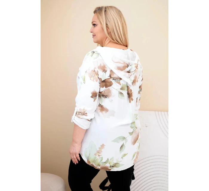 Dámská blůza Plus Size z viskózy s kapucí a květinovým vzorem bílá