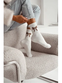 Dámské froté ponožky s puntíkovanou mašlí – ecru