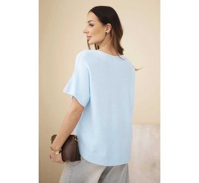 Dámský svetr s krátkým rukávem volného střihu modrý Dámský svetr s krátkým rukávem volného střihu modrý