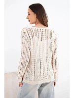 Dámský bavlněný ažurový svetr zapínaný na knoflíky s výstřihem do V béžový