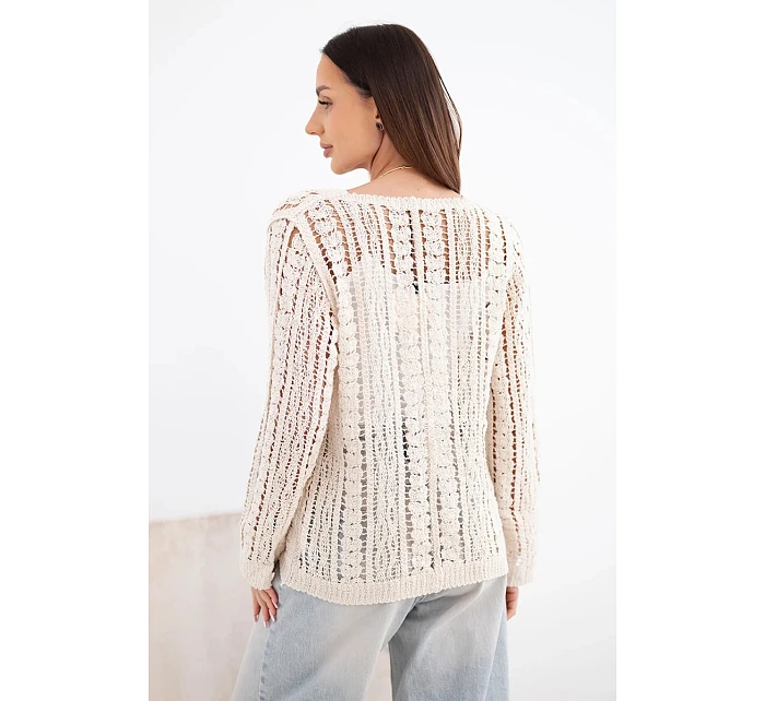 Dámský bavlněný ažurový svetr zapínaný na knoflíky s výstřihem do V béžový