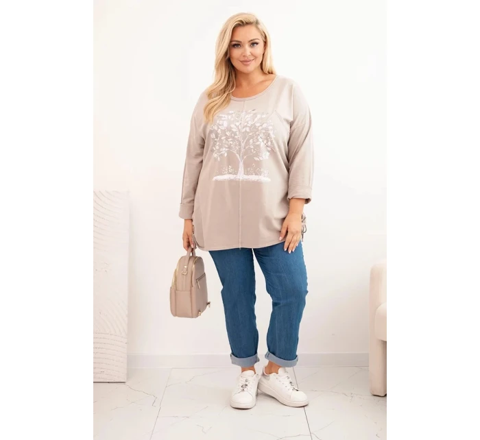 Dámská blůza Plus Size bavlněná s potiskem model 21321840 béžová - K-Fashion Dámská blůza Plus Size bavlněná s potiskem model 21321840 béžová - K-Fashion