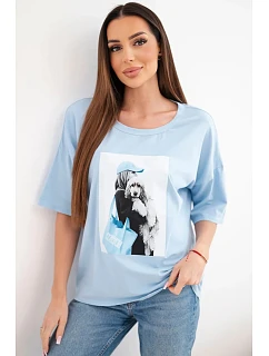 Dámská bavlněná oversize halenka s krátkým rukávem a módním potiskem modrá