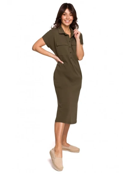 B222 Safari šaty s kapsami s klopou - khaki barva
