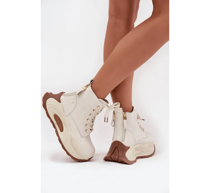 Dámské kožené boty GOE – světle béžové, zateplené, na platformě Dámské kožené boty GOE – světle béžové, zateplené, na platformě