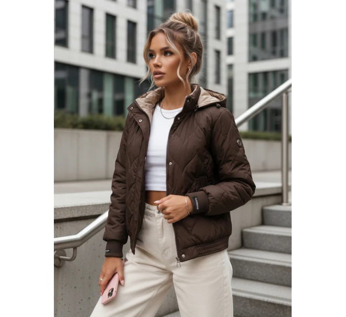Dámská přechodná prošívaná bunda s kapucí hnědá FashionStreet TY5616