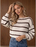 Dámský oversize svetr s pruhy v barvě ecru FashionStreet MY2643 Dámský oversize svetr s pruhy v barvě ecru FashionStreet MY2643