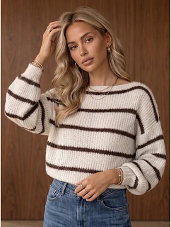 Dámský oversize svetr s pruhy v barvě ecru FashionStreet MY2643