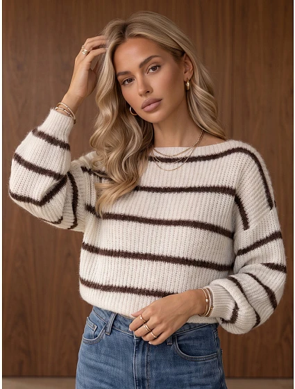 Dámský oversize svetr s pruhy v barvě ecru FashionStreet MY2643 Dámský oversize svetr s pruhy v barvě ecru FashionStreet MY2643