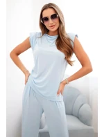 Elegantní dámský komplet s širokými nohavicemi a halenkou s volánky modrý Elegantní dámský komplet s širokými nohavicemi a halenkou s volánky modrý