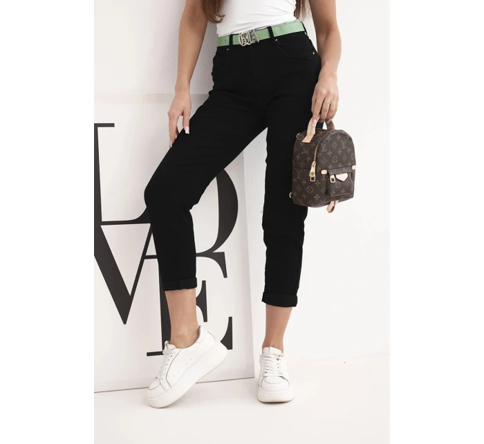 Dámské džíny mom fit s vysokým pasem a zeleným páskem černé