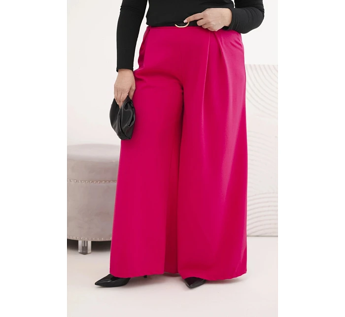 Dámské kalhoty Plus Size se širokými nohavicemi a páskem fuchsiová