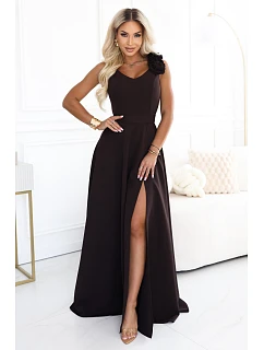 Elegantní večerní maxi šaty s rozparkem a růžemi – hnědé model 22358777 - numoco