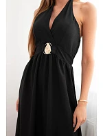 Dámské viskózové maxi šaty vázané na krku s ozdobnou sponou černá Dámské viskózové maxi šaty vázané na krku s ozdobnou sponou černá