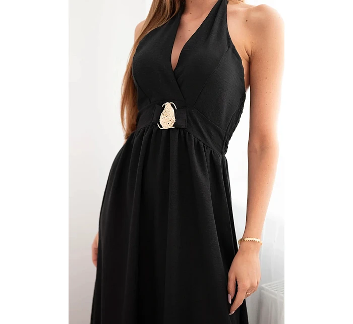 Dámské viskózové maxi šaty vázané na krku s ozdobnou sponou černá Dámské viskózové maxi šaty vázané na krku s ozdobnou sponou černá