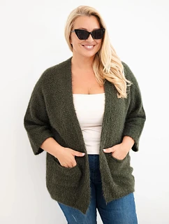 Dámský svetr Plus Size s kapsami bez zapínání khaki