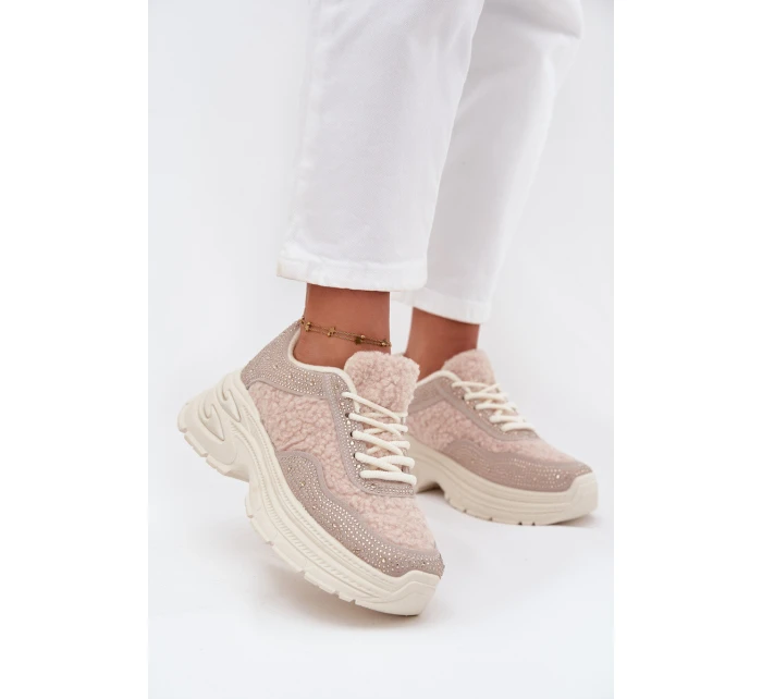 Dámské Tenisky S Krystaly A Beránkem Světle Béžové Zarika