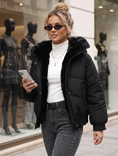 Dámská zimní prošívaná bunda s kožešinou, černá, FashionStreet TY6007