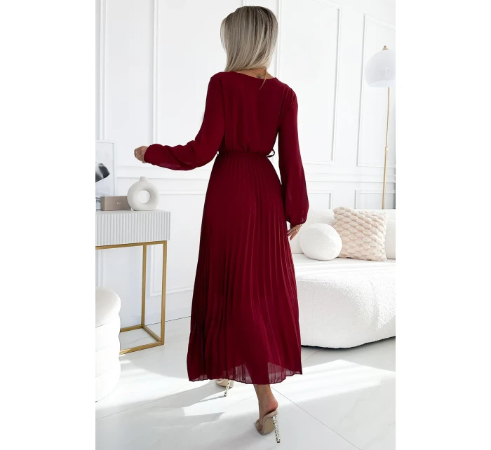 Dámské plisované šifonové šaty ve vínové barvě s výstřihem, dlouhými rukávy a páskem pro zavazování model 21310318 - numoco basic