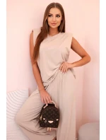 Dámský komplet z viskózy bez rukávů a rovnými kalhotami tmavě béžový