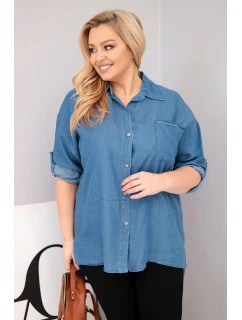 Dámská košile Plus Size z lyocellu s prodlouženým zadním dílem a rukávem na knoflík džínová