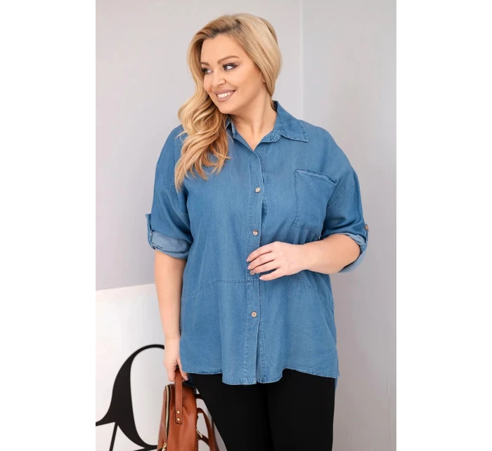 Dámská košile Plus Size z lyocellu s prodlouženým zadním dílem a rukávem na knoflík džínová