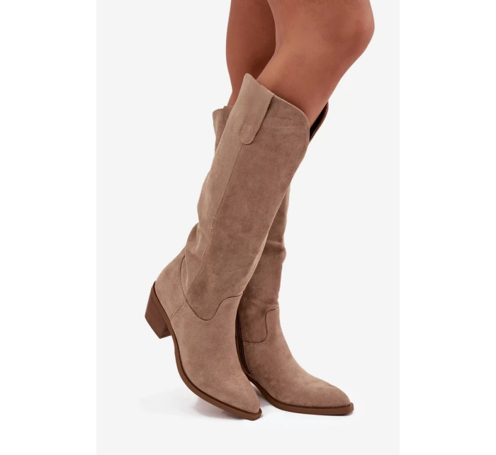 Dámské kozačky cowboy na podpatku z eko semiše béžové Esmira