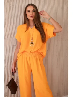 Komplet s náhrdelníkem halenka + kalhoty jasně oranžová