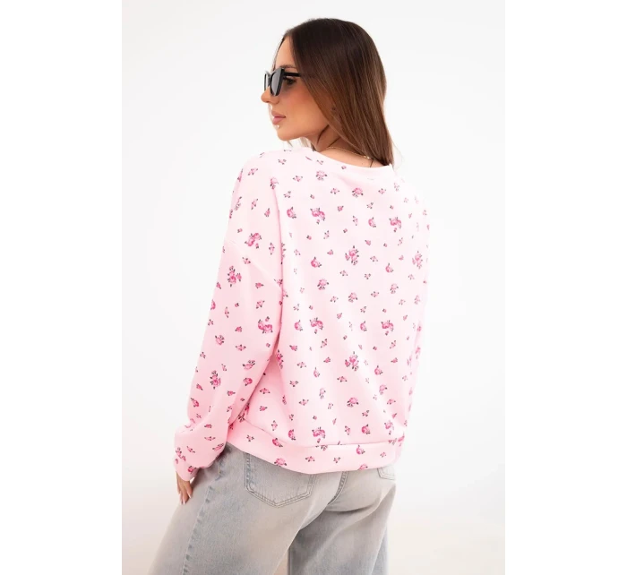 Dámská viskózová mikina s model 21924553 květy a dlouhým rukávem cukrově růžová - K-Fashion