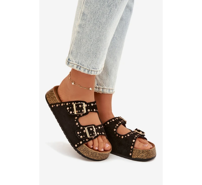 Dámské pantofle se zlatými sponami a knoflíky Černé model 21918999 - Boto