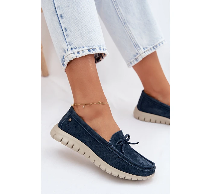 Dámské mokasíny z přírodního semiše s mašlí Vinceza 95401 tmavě modré