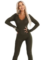 619-2 Pohodlný a elegantní dámský žebrovaný overal s výstřihem - khaki barva